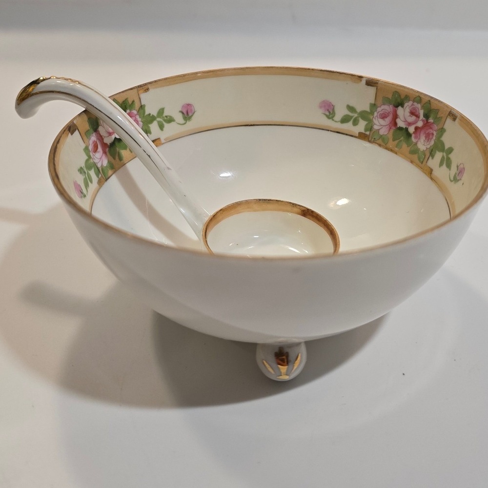 Vintage Hand Painted Nippon Footed Bowl and Ladle Set Pink Roses Gold Trim flaw